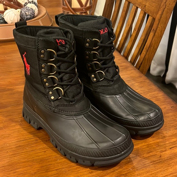 Polo Ralph Lauren Crestwick winter duck boots new black red Mens Size 8 - Picture 2 of 14